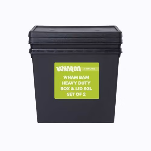 Wham Bam 2 x 92L Stackable Plastic Storage Boxes with Lids and Handles in Black