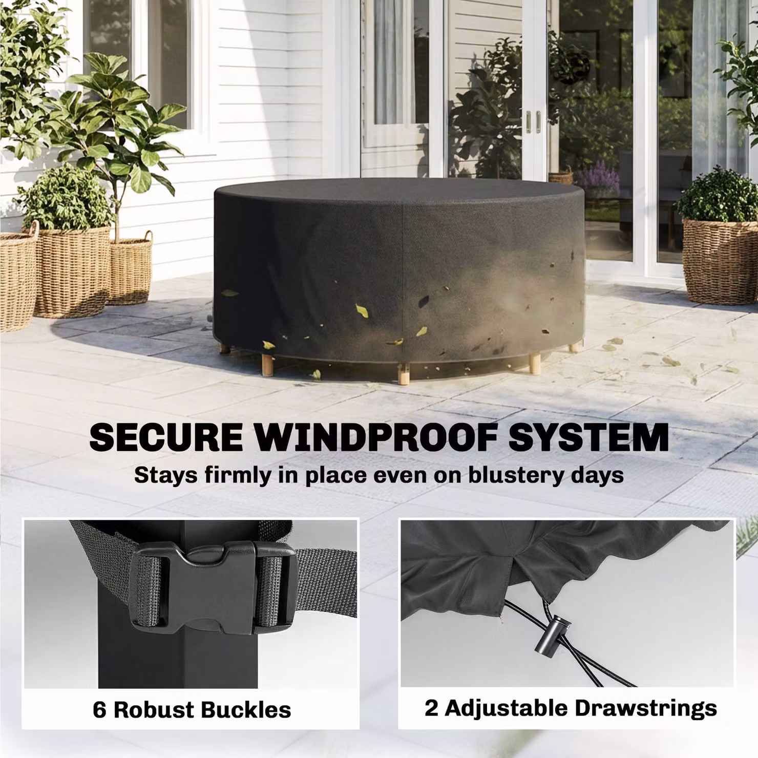 Outsunny Waterproof Round Garden Table Cover, Heavy Duty 420D Oxford Polyester, Black, Diameter: 214 cm, Height: 70 cm – 5