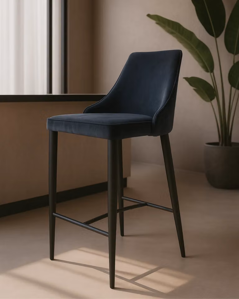 Tommy Franks Alain Modern Bar Stool in Grey Velvet, H 102 x W 46 x D 53 cm