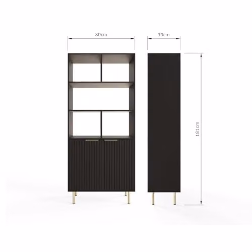 GFW Nervata Black Modern Asymmetric Bookcase with Shelves and Cabinet Storage, H 181 x W 80 x D 39 cm – 2