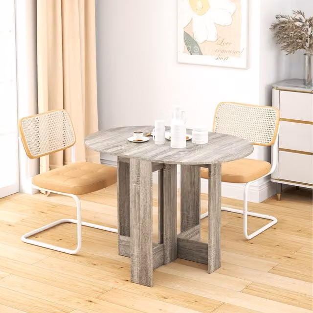HOMCOM Modern Round Drop Leaf Foldable Dining Table in Grey