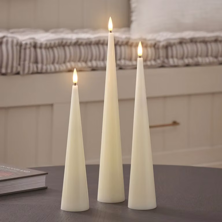 TruGlow® Ivory Slim Cone LED Pillar Candle Trio with Remote Control, Flicker Effect and Timer