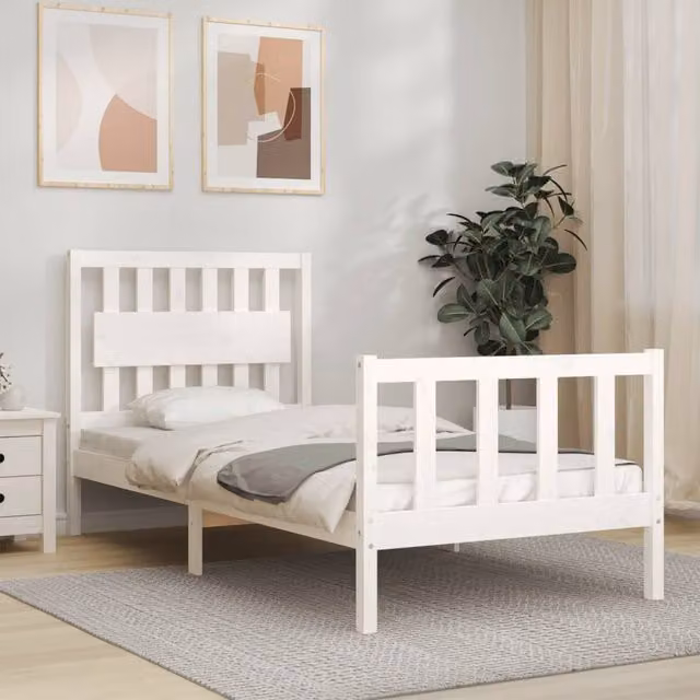 Berkfield Home Single Solid Pine Wood Bed Frame with Headboard in White – 1