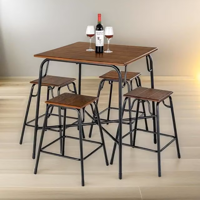 FURNOS 5-Piece Industrial Dining Set with Square Table and Stools in Brown
