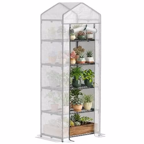 Outsunny 5 Tier Mini Greenhouse with PE Cover and Roll Up Door, White/Grey, W/D/H: 69 x 49 x 193 cm – 1