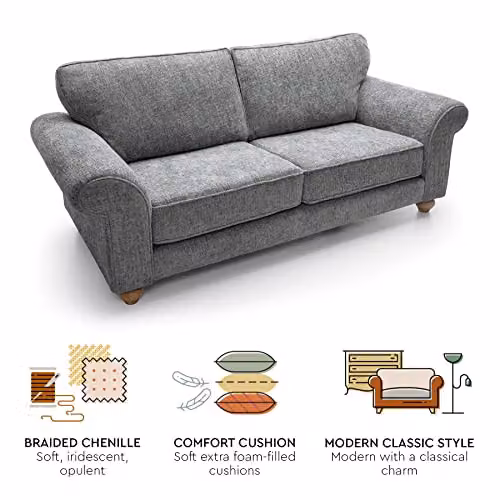 Abakus Direct Ingrid 3 Seater Sofa in Steel Grey with Braided Chenille Fabric, W/D/H: 215 x 95 x 90 cm – 3
