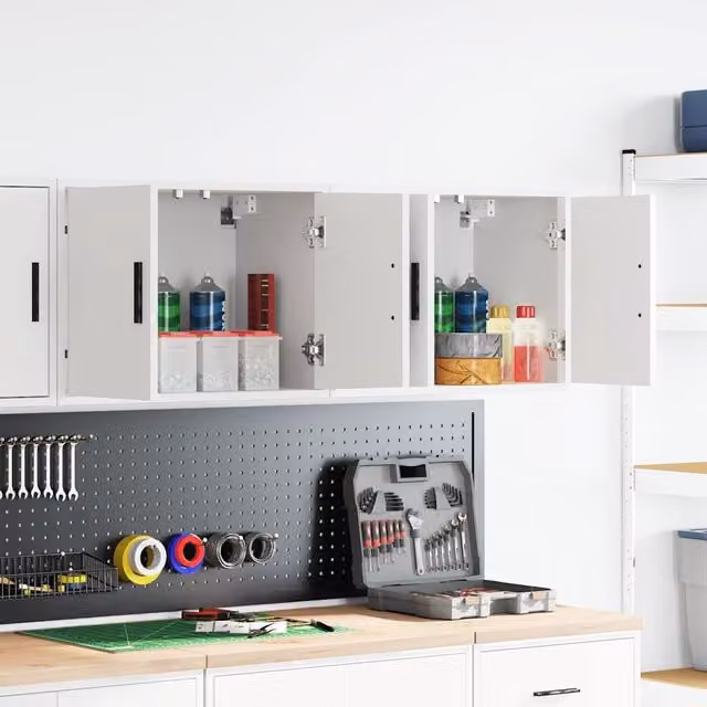 Berkfield Home Set of 2 White Wall Mounted Garage and Workshop Cabinets with Hinged Doors and Internal Shelves – 1