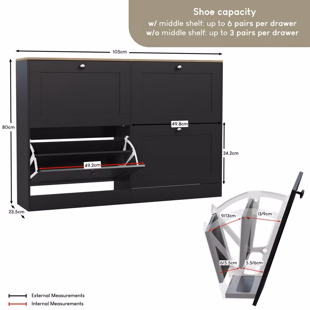 Vida Designs Modern Black Matt Flip Down Shoe Cabinet with LED Lighting and Internal Shelves – 2