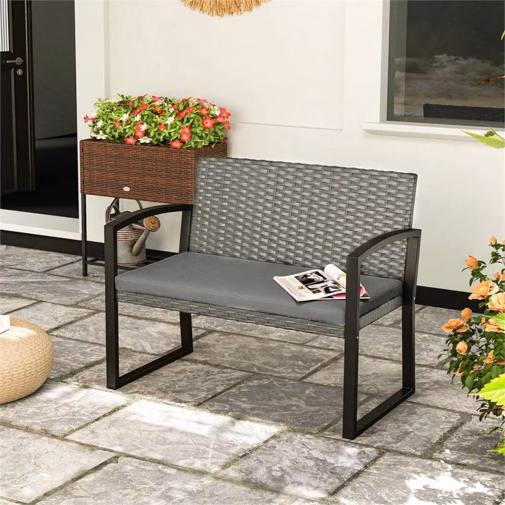 SPETLEK Grey 2 Seater Rattan Outdoor Bench with Cushions and Steel Frame, W: 100 cm, D: 80 cm, H: 80 cm – 3