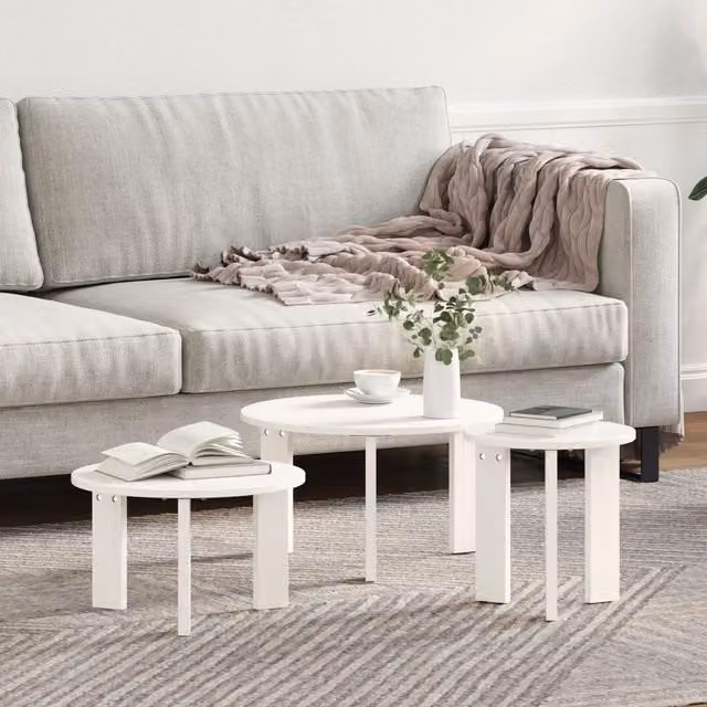 Berkfield Home 3-Piece Round Nested Coffee Table Set in White Solid Pine Wood – 1