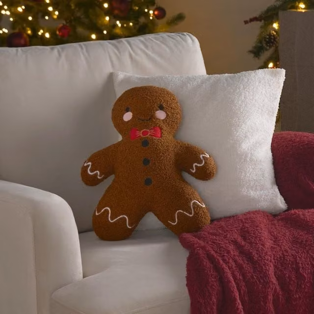 OHS Pack of 2 Gingerbread Man Filled Cushions in Brown Boucle Fleece