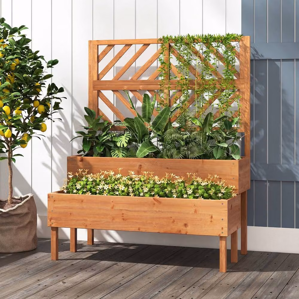 Costway 2-Tier Wooden Raised Garden Bed with Trellis in Orange – 6