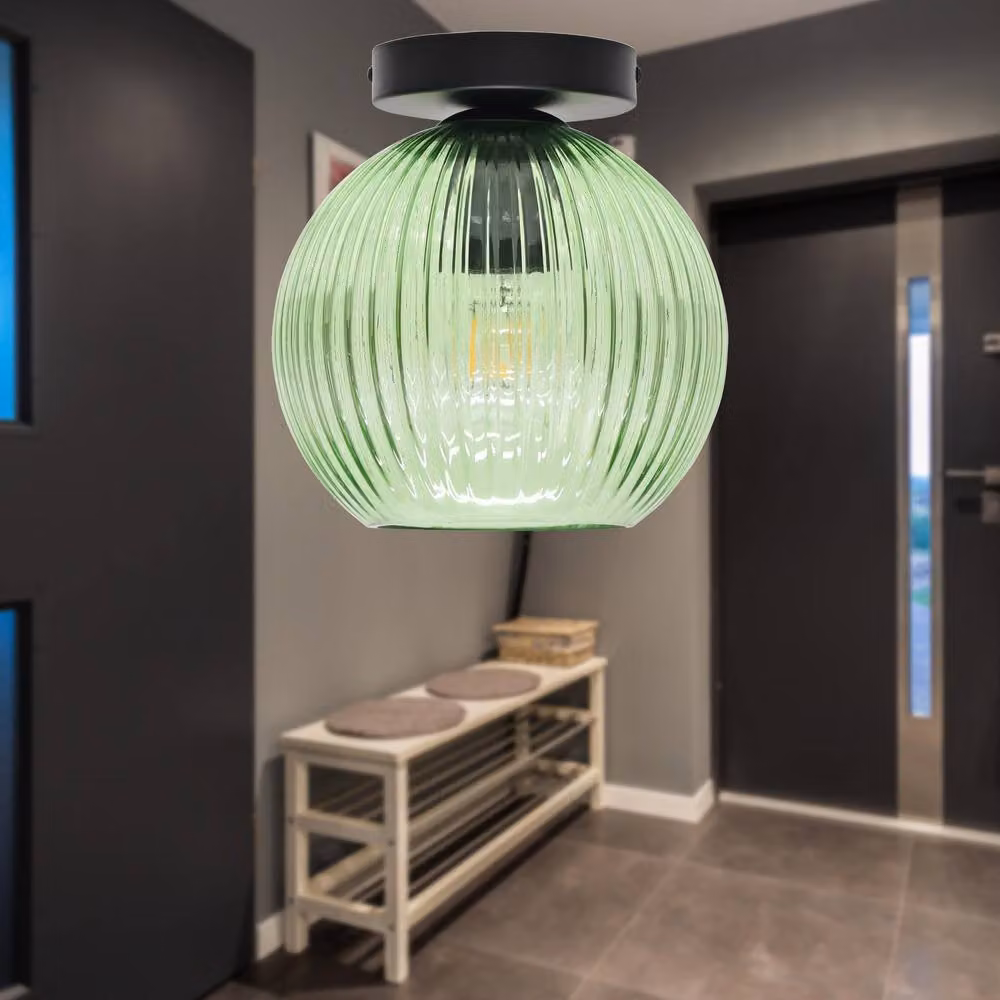 First Choice Lighting Betchley Set of 2 Green Ribbed Glass Globe Black Ceiling Lights – 3