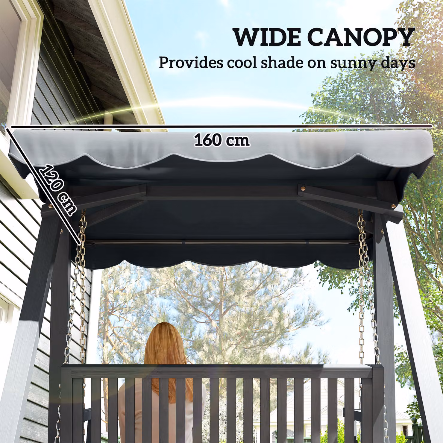 Outsunny 2 Seater Wooden Garden Swing Seat with UV-Resistant Canopy in Grey – 4