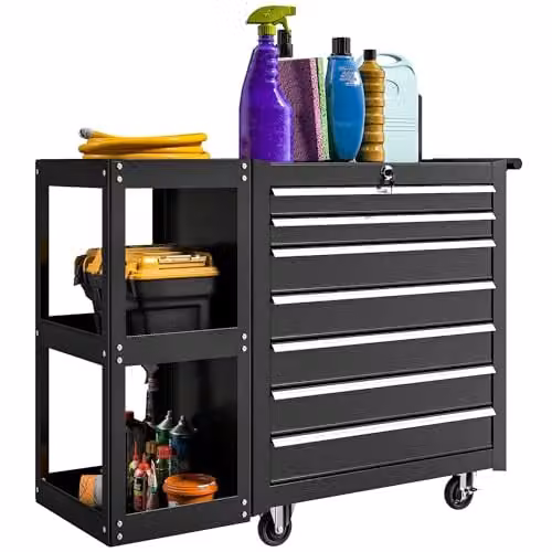 HOMCOM 7 Drawer Lockable Steel Tool Chest on Wheels, Black, W/D/H: 120 x 40 x 66 cm – 1