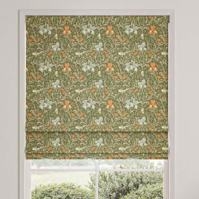 William Morris Iris Made To Measure Blackout Roman Blind in Moss Green Floral Design