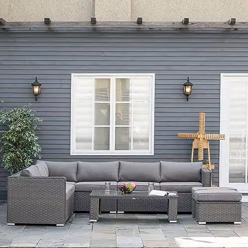Outsunny 6 Piece Grey PE Rattan Corner Sofa Set with Upholstered Cushions, Coffee Table and Ottoman, Powder Coated Aluminium Frame – 2