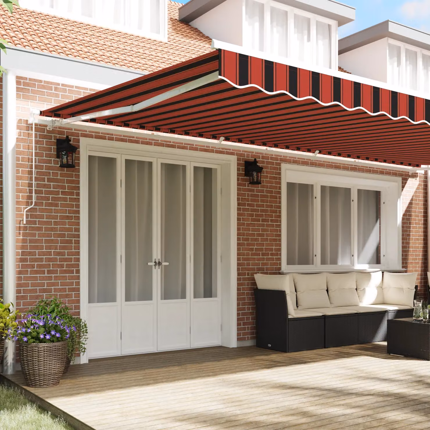 Berkfield Home Manual Retractable Wall-Mounted Folding Arm Awning in Orange, Brown and Red Striped, W: 600 cm, D: 300 cm – 3