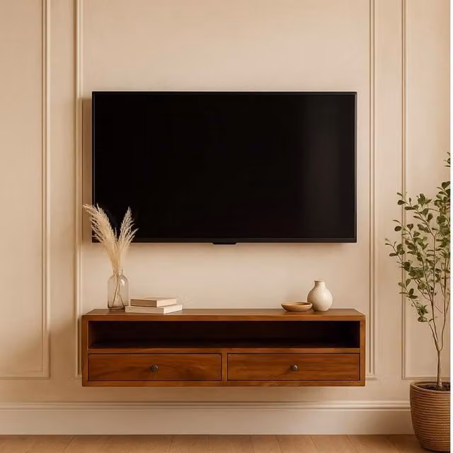 Artisan Furniture Modern Mango Wood Lunar 2 Drawer Wall Mounted Media Unit in Brown