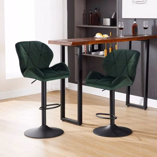SPETLEK Set of 2 Modern Velvet Bar Stools in Dark Green
