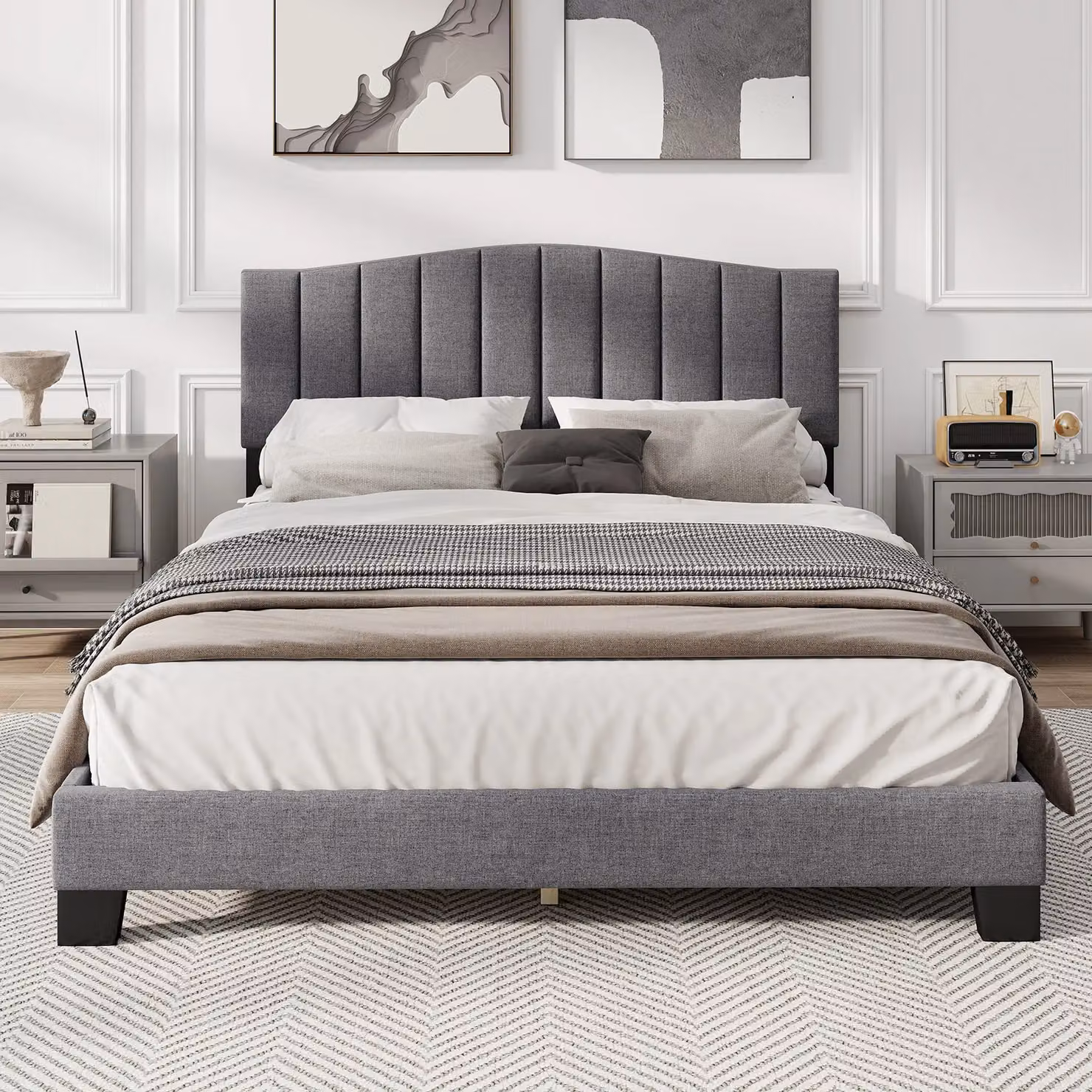 Costway Modern Upholstered Fabric Platform Bed Frame in Grey, W/D/H: 140 x 200 cm – 3