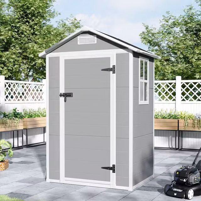 Lifeideas Grey and Black Plastic Gable Roof Tool Storage Shed with Window and Lock, Height: 133.5 cm