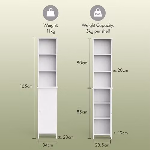 VonHaus Holbrook Tall White Freestanding Bathroom Storage Cabinet with 6 Shelves and Shaker Design, H 165.2 x W 34.0 x D 23.0 cm – 2