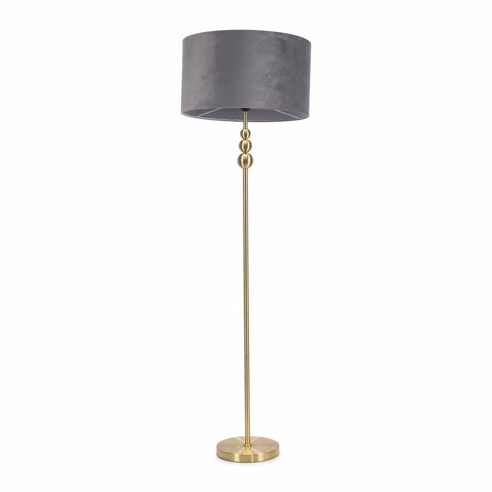 ValueLights Marissa Gold Stacked Floor Lamp with Grey Velvet Drum Shade and LED Bulb – 2