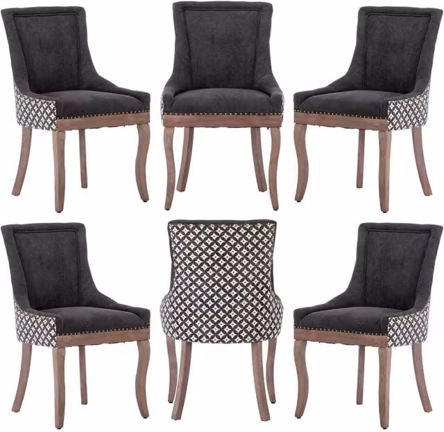 Modern Home Touch Bewley Set of 6 Vintage Linen Upholstered Kitchen Dining Chairs with Oak Wood Legs in Black