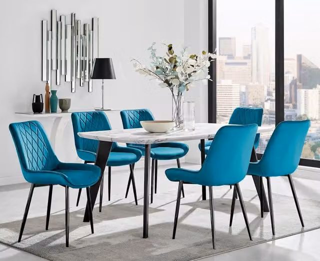 FurnitureboxUK Andria White Marble Effect Rectangular Dining Table and 6 Blue Pesaro Soft Velvet Chairs Set, W/D/H: 160 x 90 x 75 cm – 1