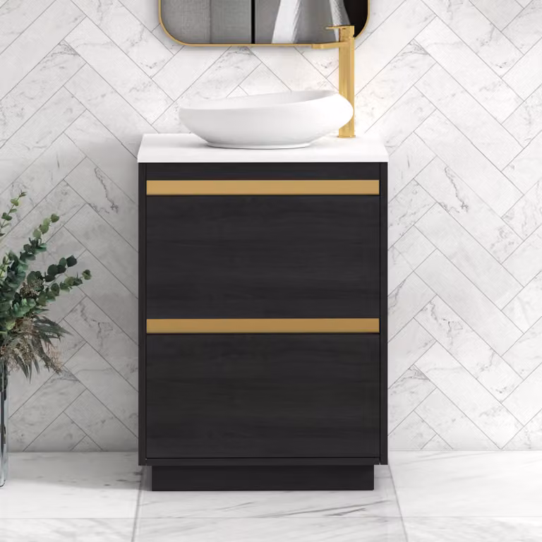 Royal Bathrooms Orion 600mm Hale Black Floor Standing 2 Drawer Vanity Unit with Nova Basin and Brushed Brass Accent Trim in Plain White