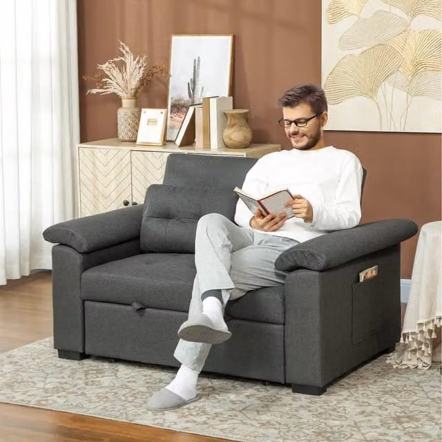 HOMCOM Click Clack Pull Out Sofa Bed Settee in Grey Fabric with Sleeping Function