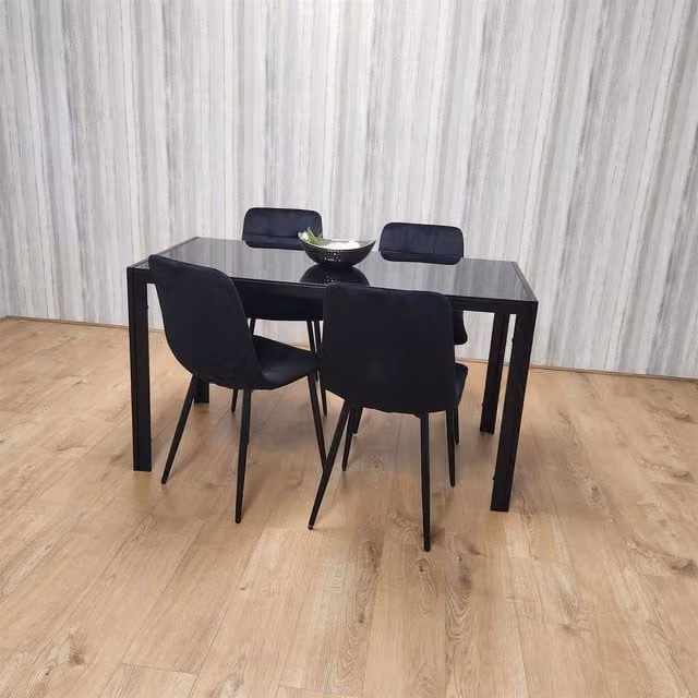 Kosy Koala Modern Rectangular Dining Set with Black Glass Table and 4 Brown Velvet Chairs – 1