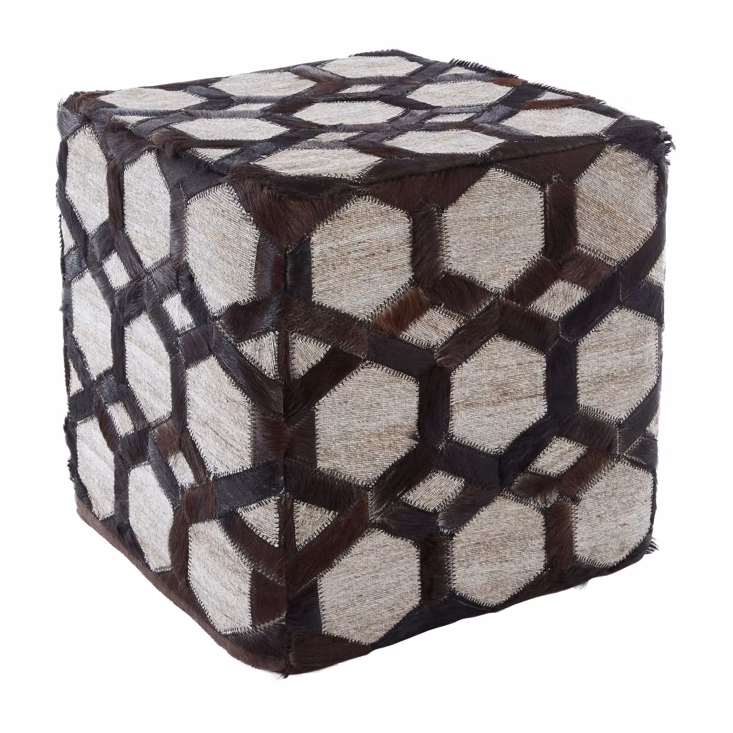 Orsina Safira Grey Leather and Fabric Patchwork Cube Pouffe – 4