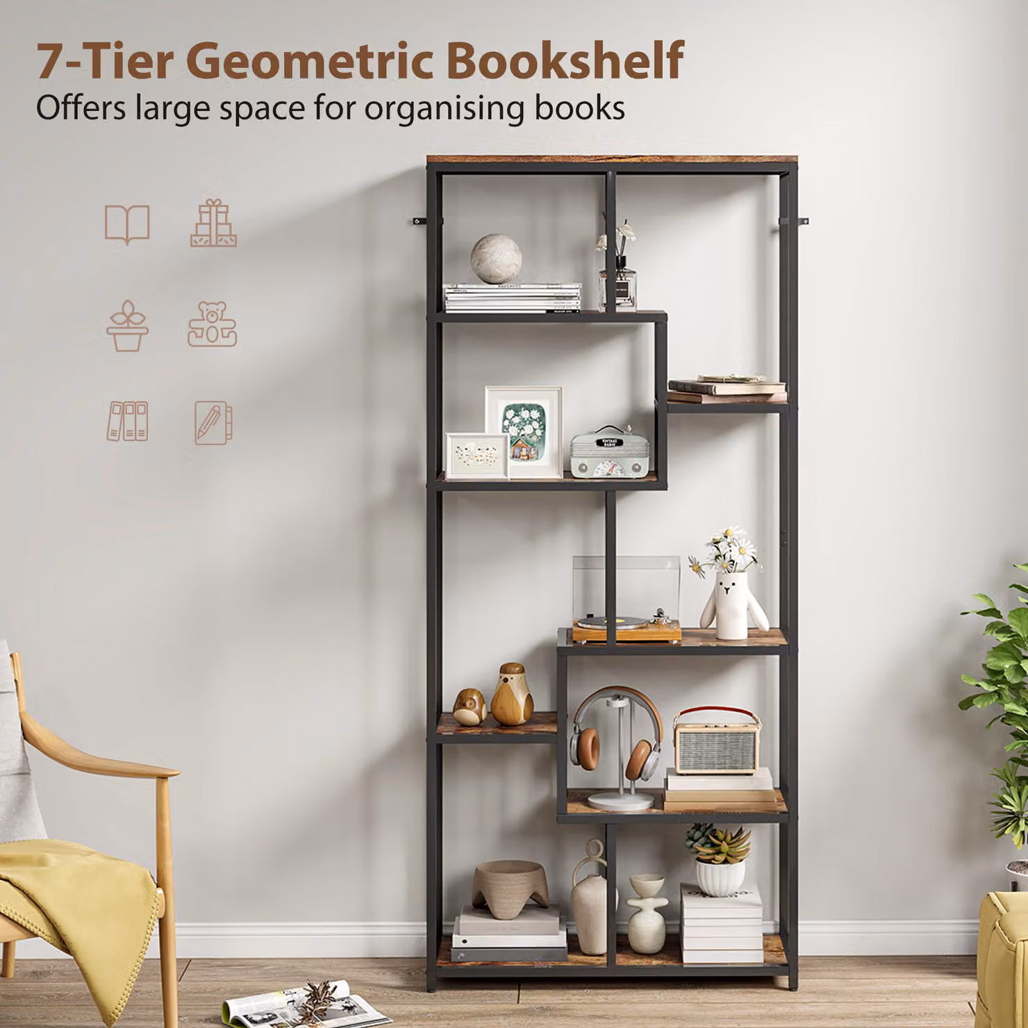 HOMCOM Seven-Tier Geometric Minimalist Metal Bookcase in Brown and Black – 3
