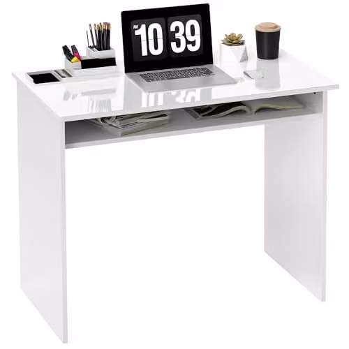 HOMCOM Modern Computer Desk with Storage Shelf, High Gloss White, W: 90 cm, D: 50 cm, H: 74 cm – 1