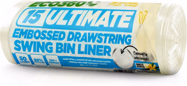 Ecobag 15 Pack Vanilla Scented Drawstring Bin Liners, 50 Litres, White