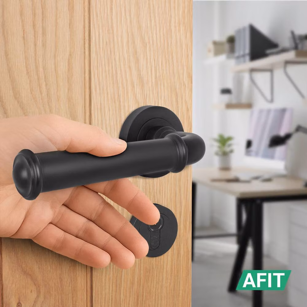 AFIT Black Fire Door Handle Set with Euro Lock, Double Cylinder and Matt Aluminium Hinges – 5