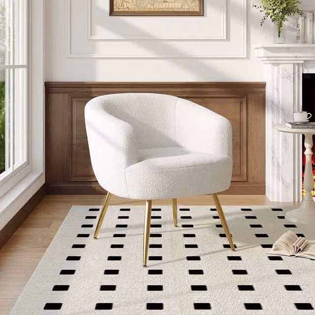 Livingandhome White Bouclé Fabric Tub Armchair with Solid Wood Frame and Metal Legs