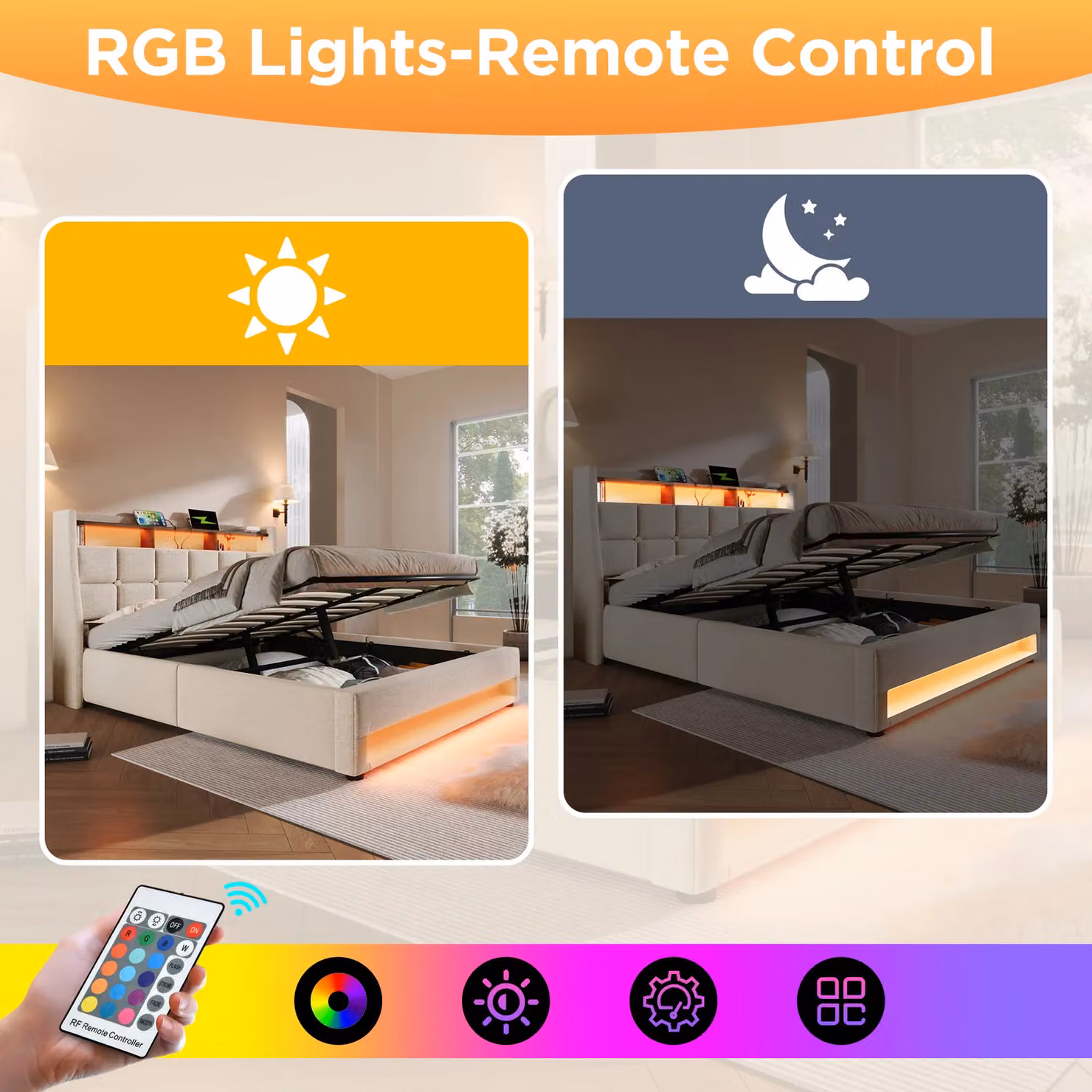 Matteo Upholstered Double Bed in Beige with LED Under-Bed Lighting and USB Charging Port, W: 150 cm, D: 200 cm – 4