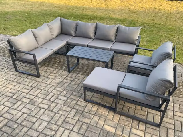 Fimous Aluminium Garden Furniture Set in Dark Grey, featuring a Left-Facing L-Shape Corner Sofa, Two Chairs, an Oblong Coffee Table and a Matching Ottoman