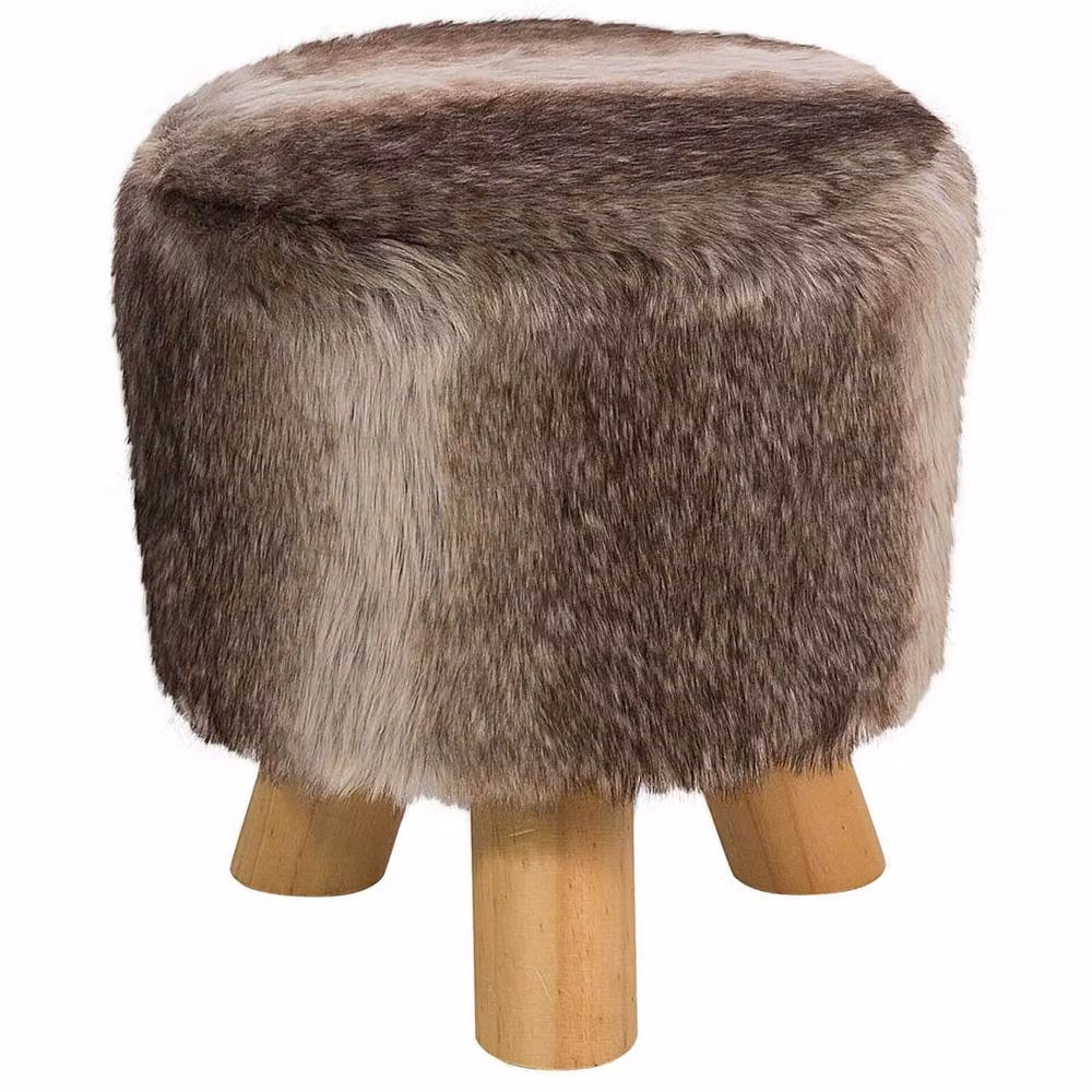 Wyld and Coco Round Faux Fur Footstool in Brown and Beige with Rubberwood Tripod Base – 2