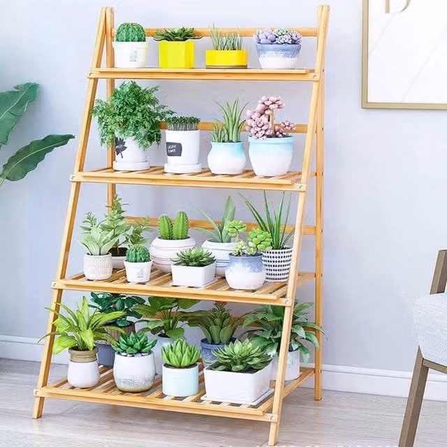FORGEVIO 4-Tier Brown Bamboo Plant Display Stand and Triangle Ladder Storage Rack – 1