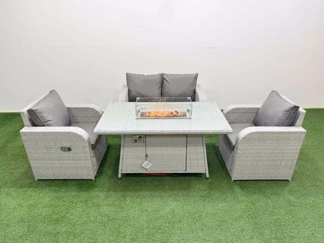 Fimous 4 Seater Light Grey PE Wicker Rattan Garden Furniture Set with Sofa, Reclining Chairs, Firepit and Dining Table