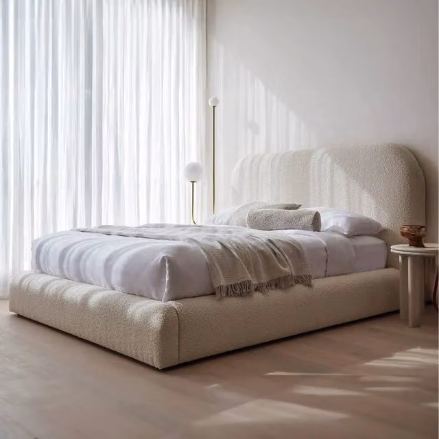 KDMD Curve Boucle Upholstered Premium Platform Bed Frame in Light Khaki, W/D/H: 120 x 200 cm – 1
