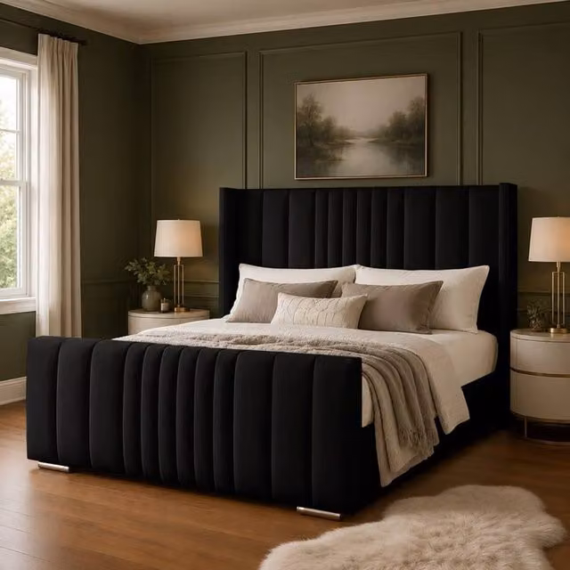 Desire Deco Austin Wingback Panel Bed Frame in Black Velvet, W/D/H: 120 x 200 cm