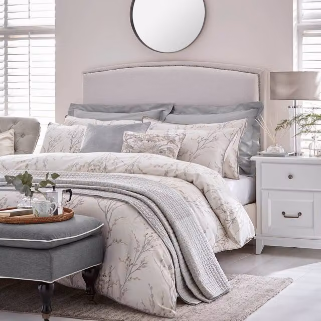 Laura Ashley Pussy Willow Reversible Floral Mako Satin Cotton Duvet Cover and Pillowcase Set in Grey