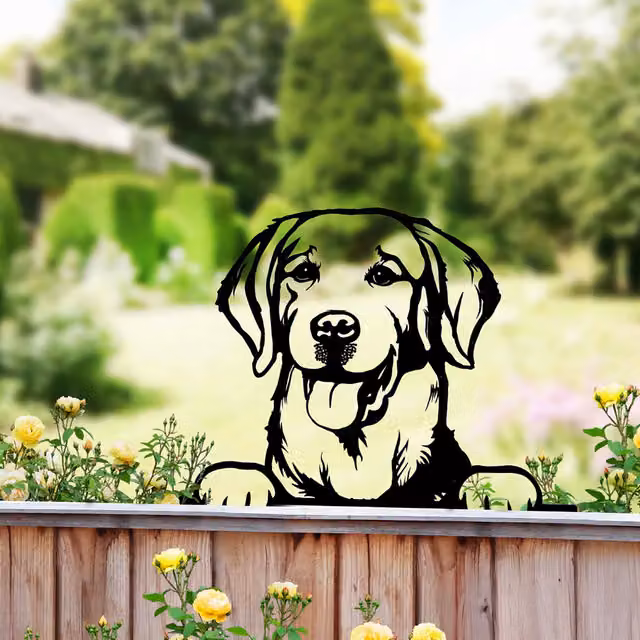 Betley Butterfly Peeking Dog Silhouette Fence Topper, Black Labrador Retriever