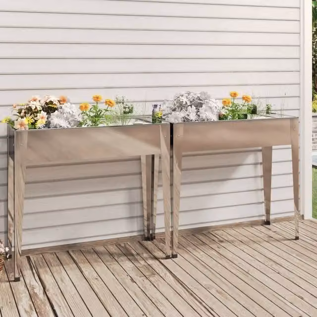 Berkfield Home Garden Planters, 2 Piece Set of Galvanised Steel Planters in Silver – 1