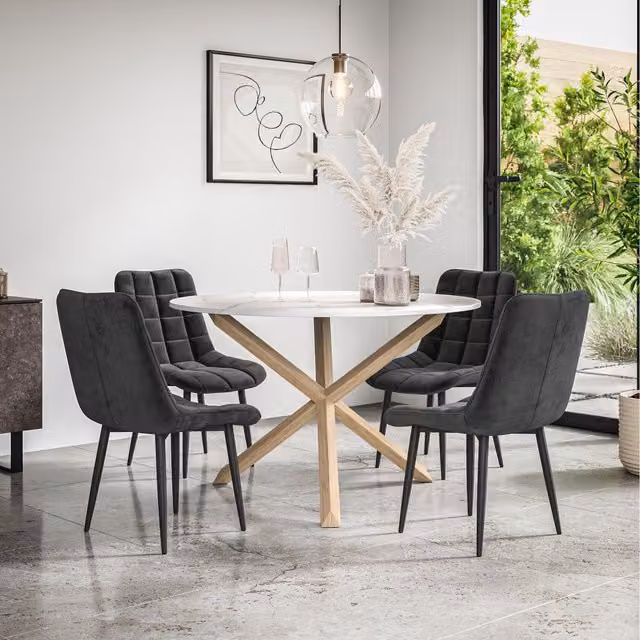 More4Homes Malvern Round Marble Effect Dining Table Set with Oak Legs and 4 Black Nova Velvet Chairs